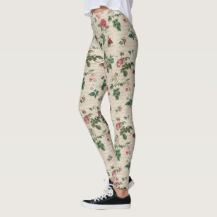 Legging Fundo do bege das flores e das folhas