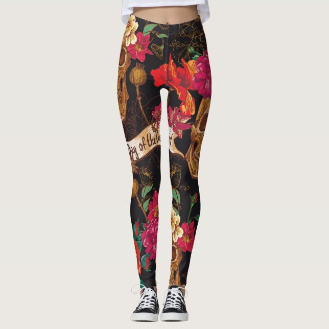 Legging Fundo do Morto do Dia das Flores do Crânio (Frente)