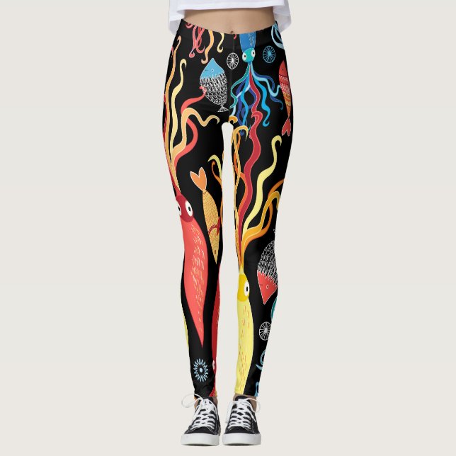 Legging Fundo Preto de Peixe Preto, Lulas Multicolor (Frente)