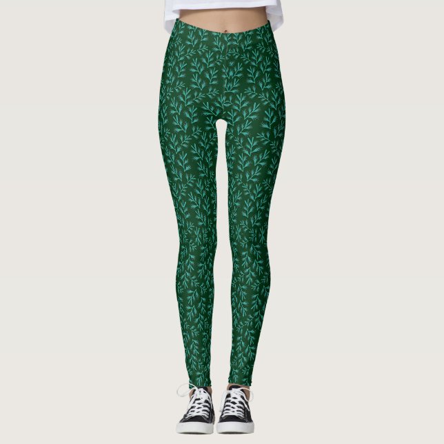 Legging Fundo Verde Escuro com Folhas Botânicas em Verde A (Frente)