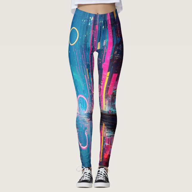 Legging Futuristic Vibrant Neon Night Cityscape (Frente)