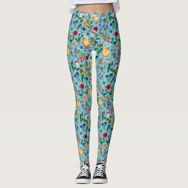 Legging Galinhas e flores silvestres em azul-bebê (Frente)