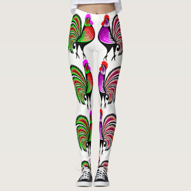 Legging Galos coloridos da arte popular (Frente)