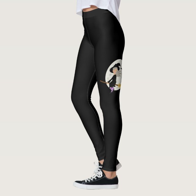 Legging Garota de Halloween Bruxa Voando Pela Lua Preta (Esquerda)