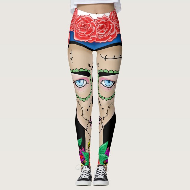 Legging Garota Zombie do Halloween com uma coroa de rosas (Frente)
