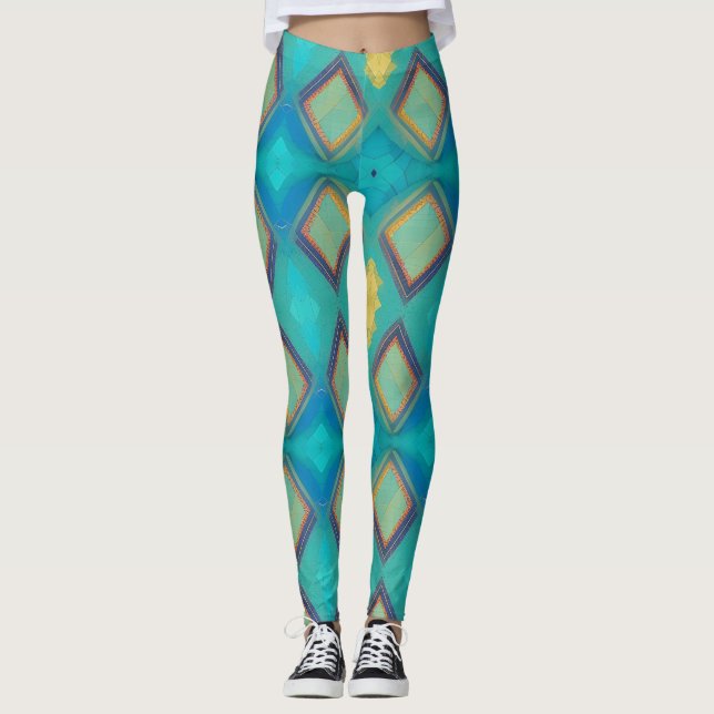 Legging Gatinho de ouro azul-turquesa de decor geométrico  (Frente)