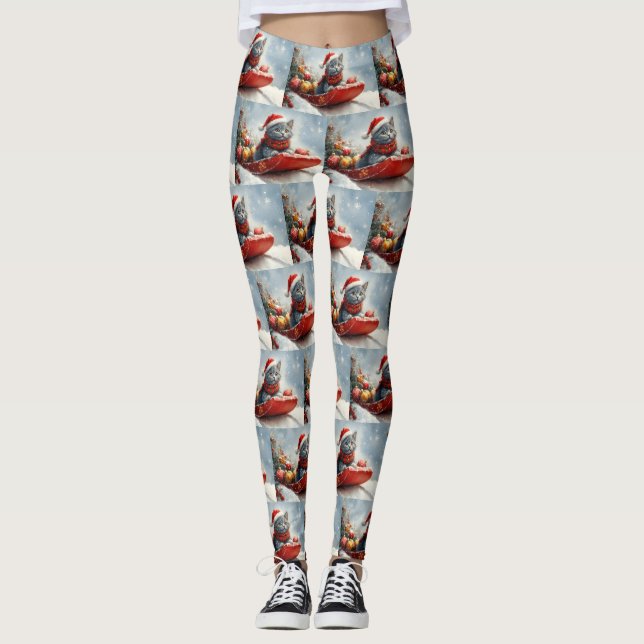 Legging Gato Azul Russo em Trenó Deixe Nevar Natal (Frente)