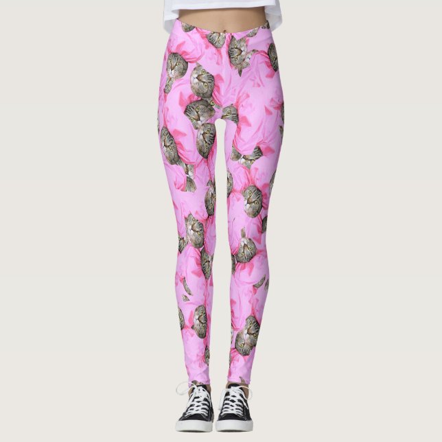 Legging Gato Bonito num Padrão de Boné Rosa Aleatório (Frente)