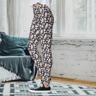 Legging Gato Branco Floral Pastel Botânico Romântico Preto