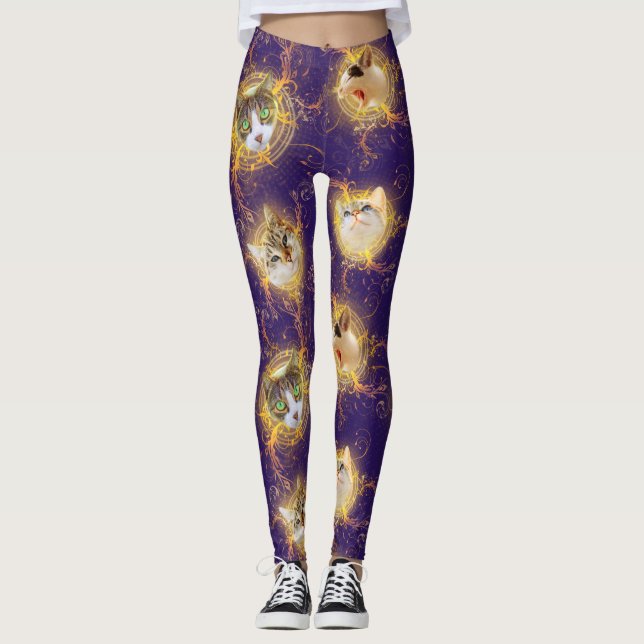 Legging Gato de Gatinho Gato-Cute com Damasco Floral ornam (Frente)