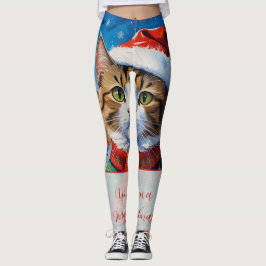 Legging Gato de Natal Festivo com Chapéu de Papai Noel