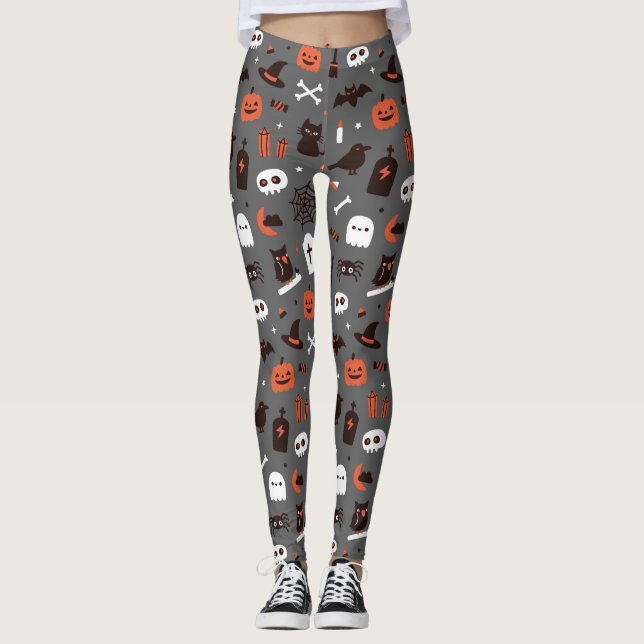 Legging Gato Fantasma Abóbora Bruxa de Halloween Fofo (Frente)