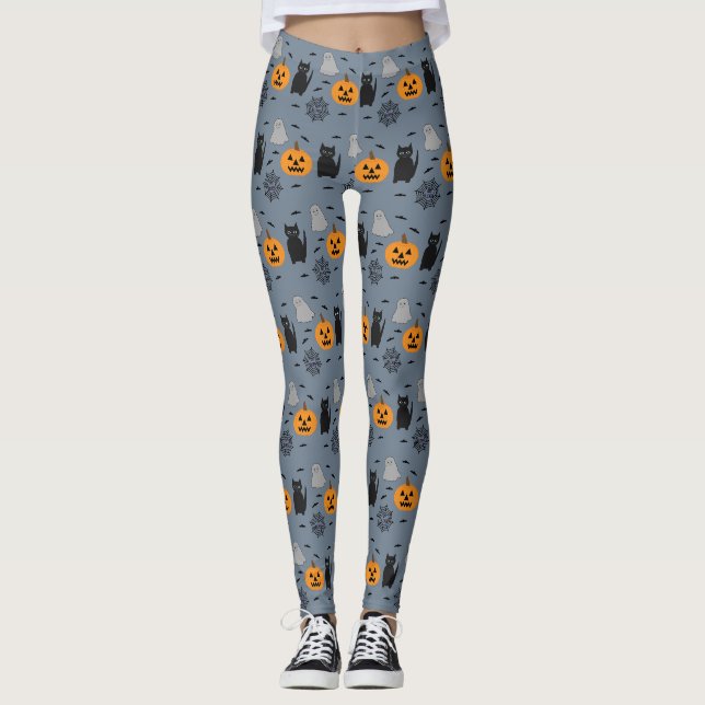 Legging Gato Fantasma Abóbora Teia de Halloween Divertida  (Frente)