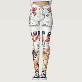 Legging Gato Floral Patriótico com Estilo Americano Vintag