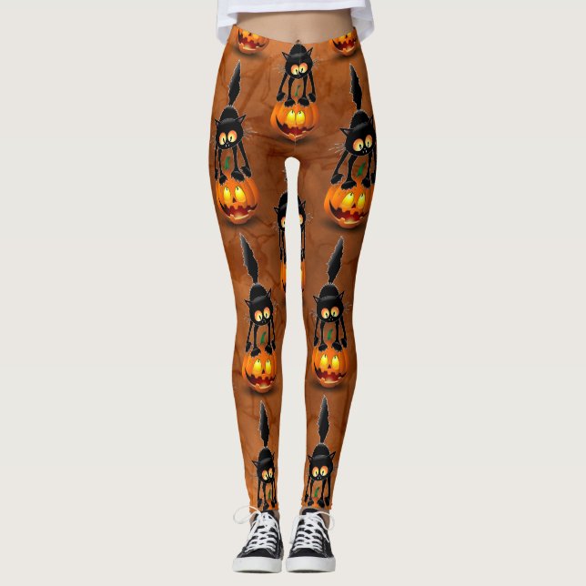 Legging Gato Halloween Caricatura Assustada na Pumpkin (Frente)