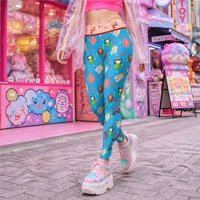 Legging Gato Maneki Neko Japonês Retro Azul e Geisha (Criador carregado)