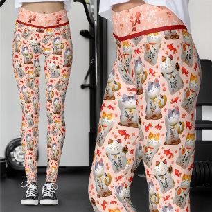 Legging Gato Maneki Neko Japonês Rosa e Sushi