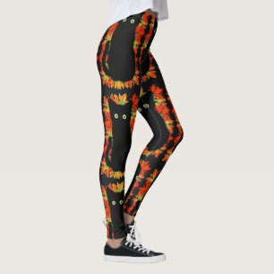 Legging Gato negro, padrão das folhas do outono, diversão