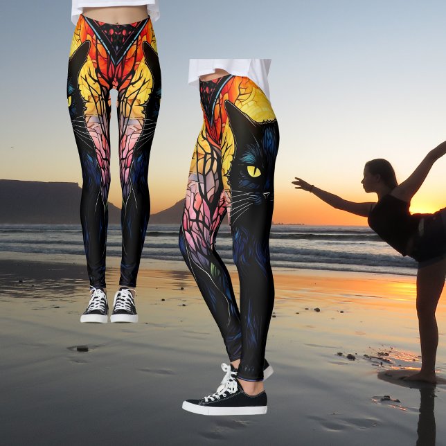 Legging Gato Preto Vidro Arrefecido Yoga (Zazzle Black Cat Lover Stained Glass Red Spooky Yoga Leggings)
