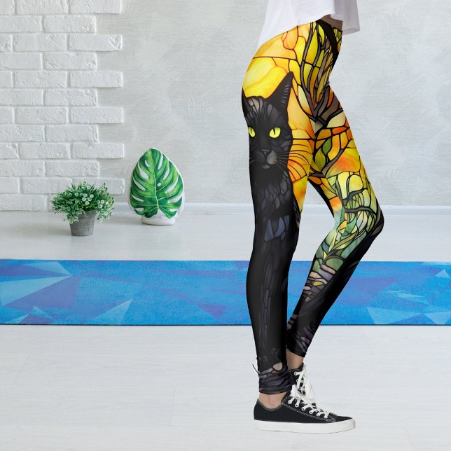 Legging Gato Preto Vidro Arrefecido Yoga Amarela (Black Cat Lover Stained Glass Leggings)