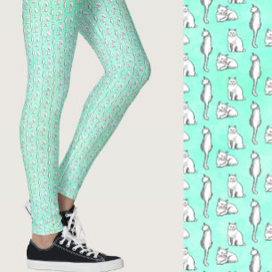 Legging Gatos Azul-turquesa Fofos com Padrão Caprichoso