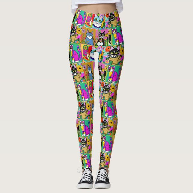 Legging Gatos Coloridos de Arte Folical Whimsical (Frente)