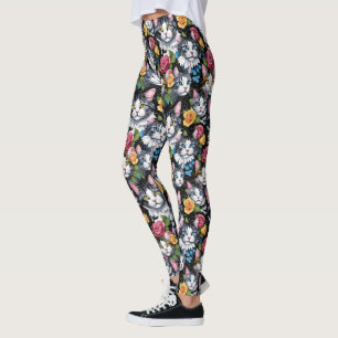 Legging Gatos De Gatinho E Rosas Em Fundo Preto