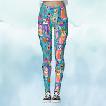 Legging Gatos e Flores Coloridos<br><div class="desc">Ilustração Ai de cores aquáticas de felinos folclóricos e flores em cores azuis,  laranja,  vermelha,  roxa e clara bonito. Adicione um brilho alegre e caprichoso ao seu guarda-roupa com estas lindas leggings.</div>