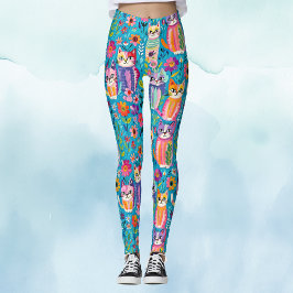 Legging Gatos e Flores Coloridos