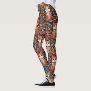 Legging Gatos e Flores de Arte Folical Whimsical