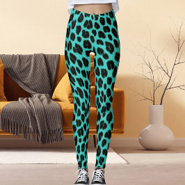 Legging Gatos Pele Leopardo Pontos Padrão Azul Preto Anima