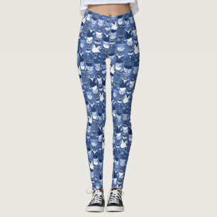 Legging Gatos populares suecos mim fundo do azul de índig