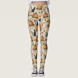 Legging Gatos Pretos e Padrão de Halloween de Abóboras