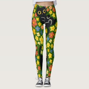 Legging Gatos Pretos Fofos Padrão de Prado Floral