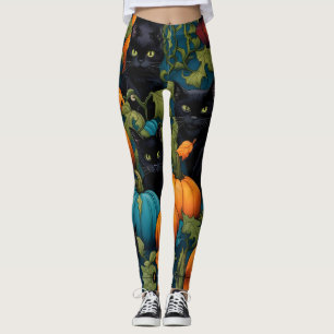 Legging Gatos pretos no sistema de abóbora, Dia das Bruxas