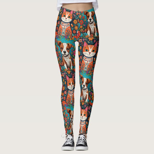 Legging Gatos Whimsical e Cachorros com Flores de Arte Fol (Frente)