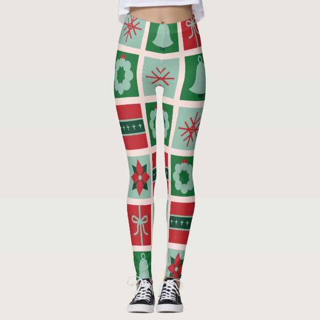 Legging Geométrica Vermelha e Verde com Marca Personalizad (Frente)
