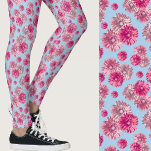 Legging Gerbera margarida rosa e azul claro com padrão flo
