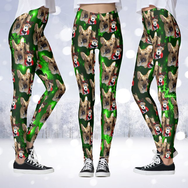 Legging German shepherd, Toy Reindeer, Flocos de Neve Verd (German Shepherd, Toy Reindeer, Green Snowflakes Leggings)