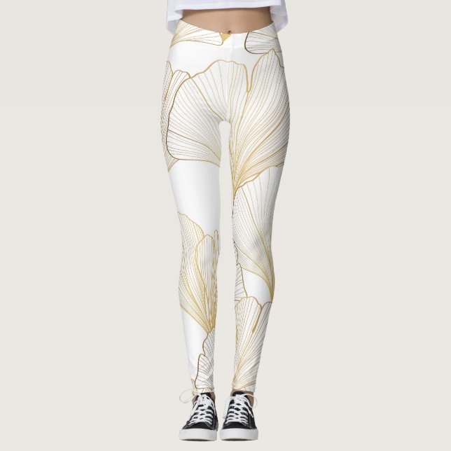 Legging Ginkgo Dourado: Esquema de Folha Luxuosa (Frente)