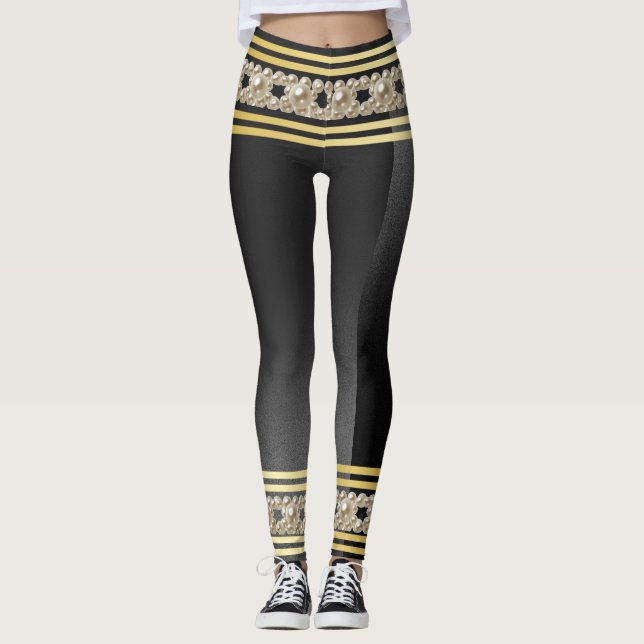Legging Girls Pearls Moderno Dourado Black Stripes Na moda (Frente)