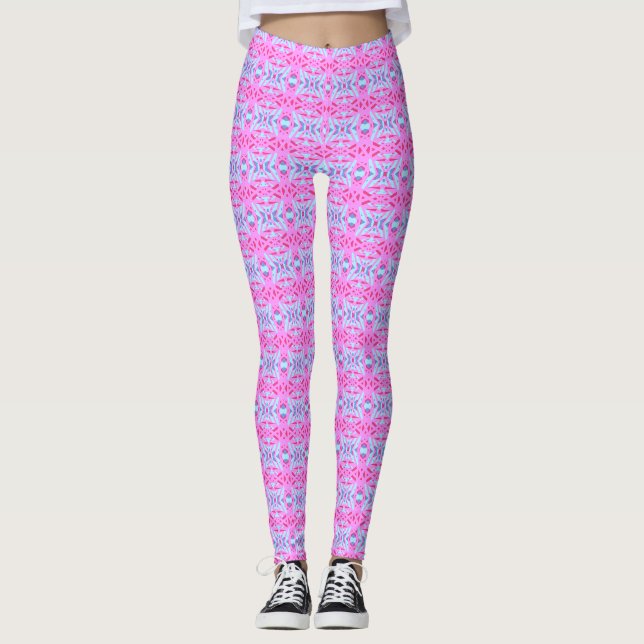 Legging Giro-Padrão Geométrico do Deco Azul-Turquesa Rosa (Frente)
