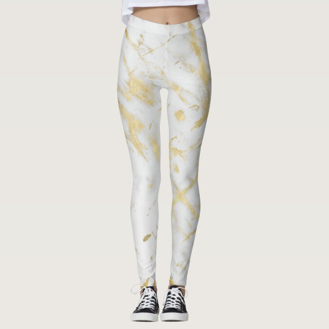 Legging Glam Moderno Mármore Dourado e Branco Designer Chi (Frente)