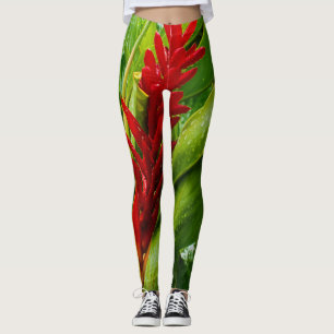 Legging Glistening Red Ginger Flower and Rain-Kissed Leave