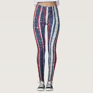 Legging Glitter Azul Branco Vermelho Stripes Tendência Yog