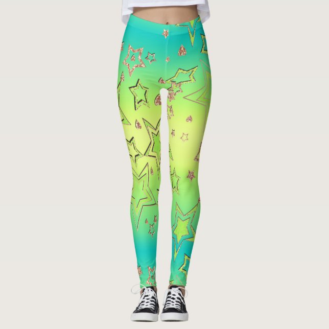 Legging Glitter de gradiente natalício brilhando estrelas  (Frente)