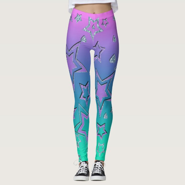 Legging Glitter de gradiente natalício brilhando estrelas  (Frente)