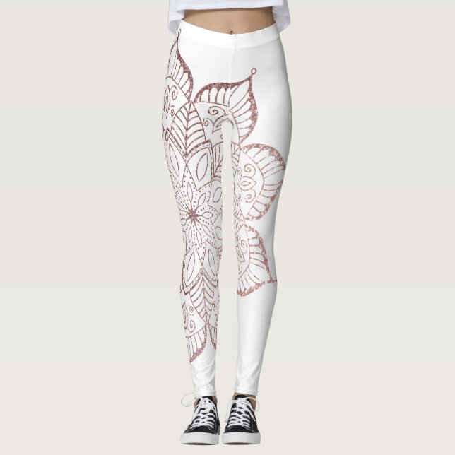 Legging Glitter Dourado Faux Glitter Mandala, Rosa, Branco (Frente)
