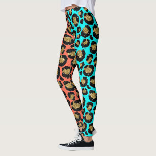 Legging Glitter Spots Fur Leopard 80s Rock Turquesa Coral