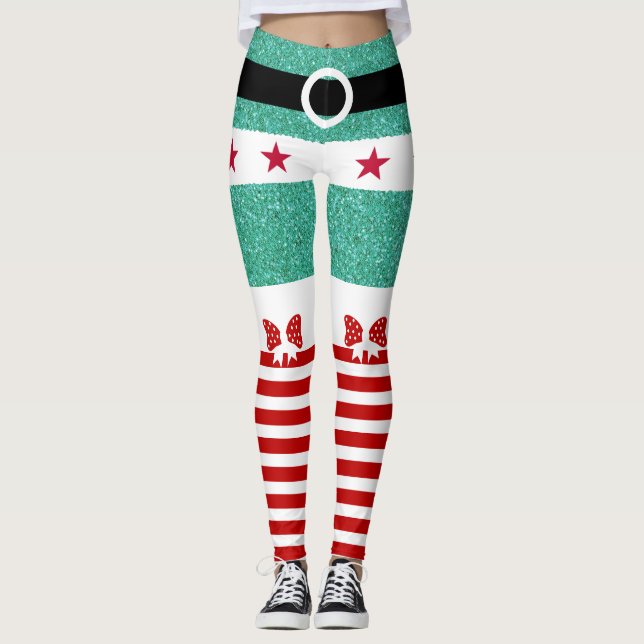 Legging Glitter Verde-Chic Vermelho Branco Strips Natal El (Frente)
